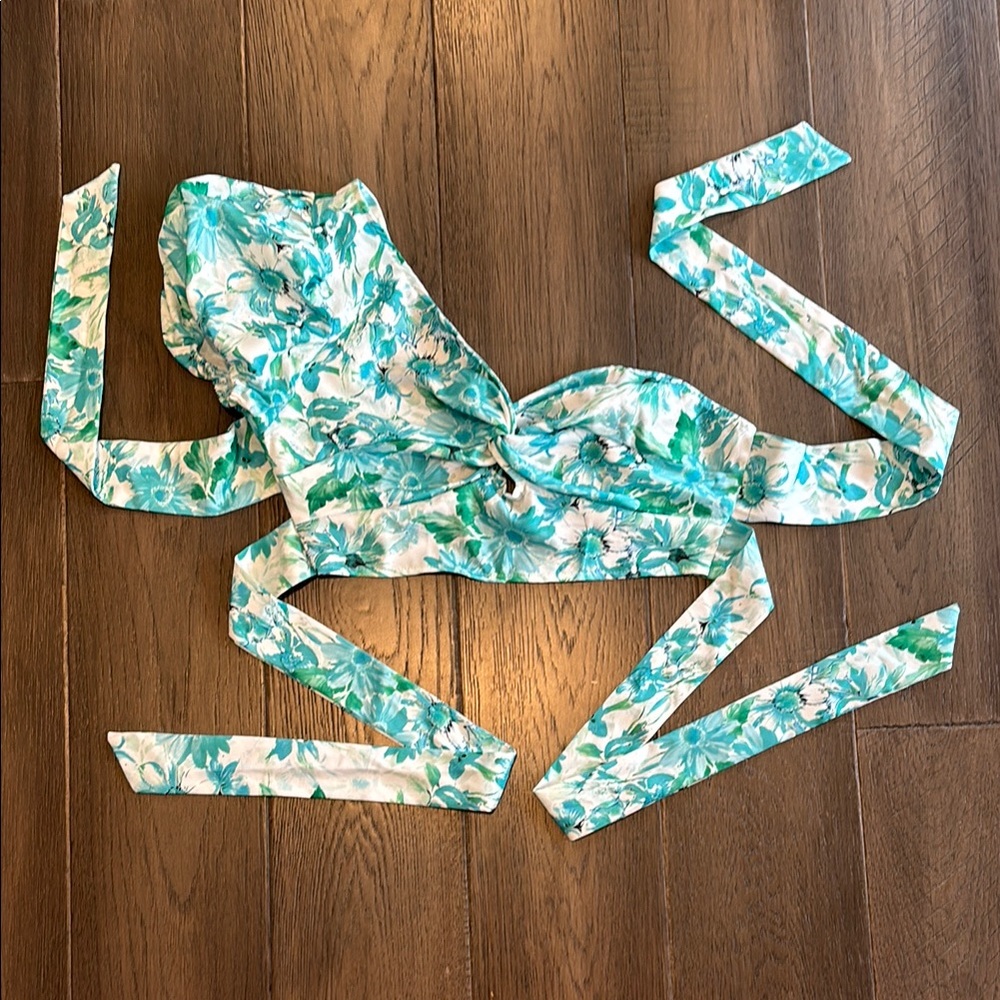 Teal, White, and Green Floral One Sleeved Twist Blouse